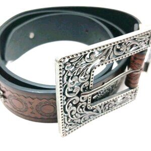 Womens Brown Leather Belt Waist Size 29 To 35 With Large Filagree Buckle New